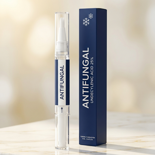 Brova Antifungal Precision Pen — main product shot on marble with navy gift box
