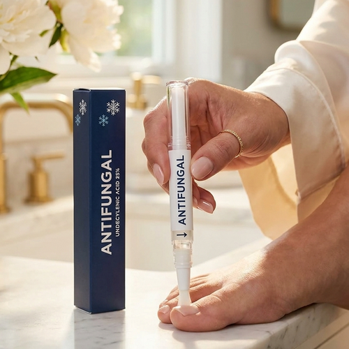 Applying the Brova antifungal pen to a toenail — bathroom use